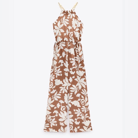 ZARA LONG SATIN EFFECT Chain Wide Leg JUMPSUIT Side Tie Tan CreamSize Small NEW